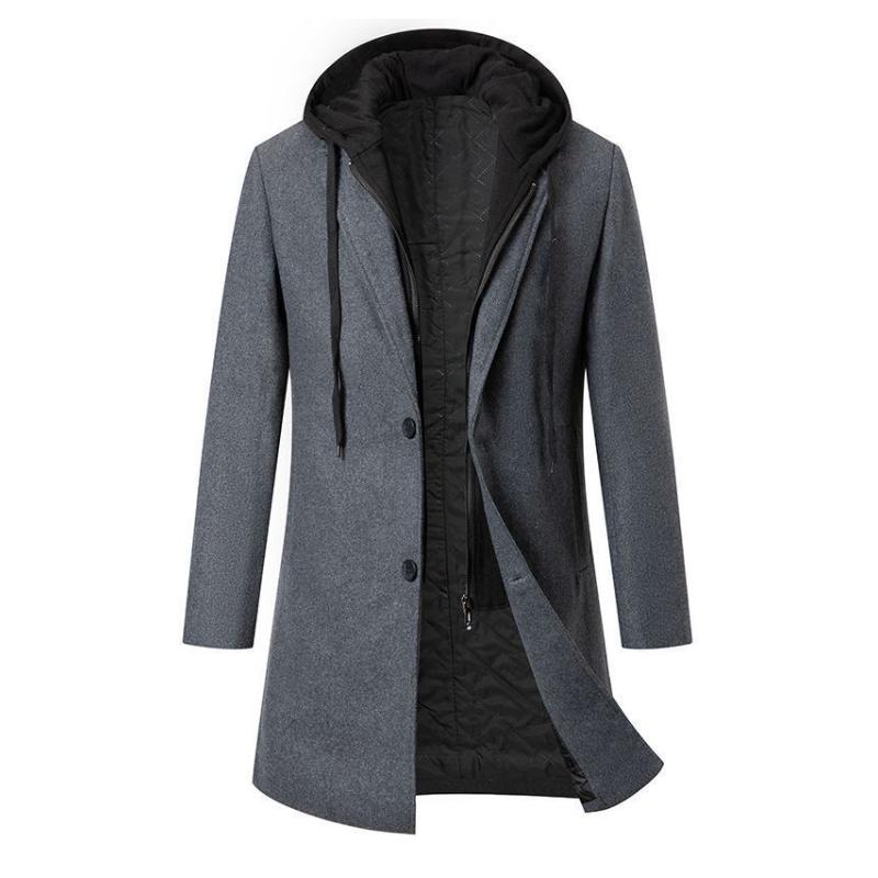 Men's Solid Color Padded Hooded Mid-Length Woolen Coat 9261104529592