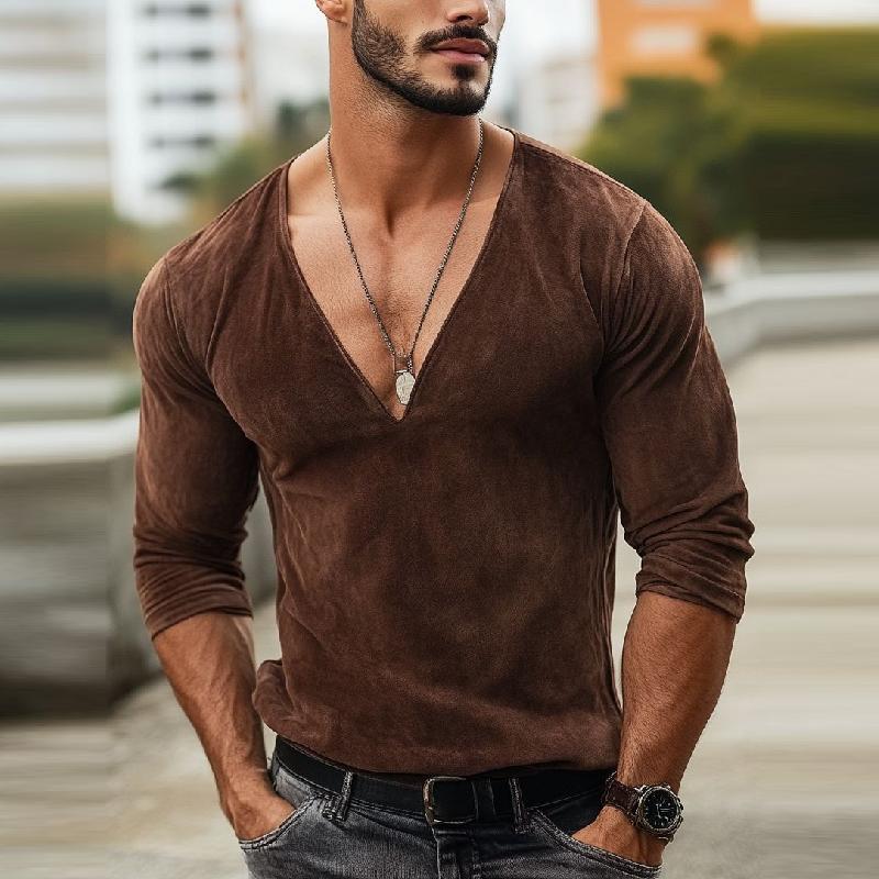 Men's Fashion Suede V-Neck Slim Fit Long Sleeve T-Shirt 9879659643064