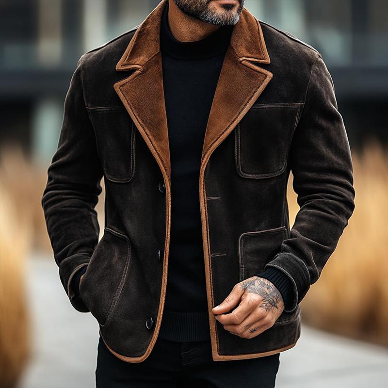 Herren-Blazer aus Wildleder mit Farbblock-Muster, Revers und mehreren Taschen, einreihig, 21898122Z