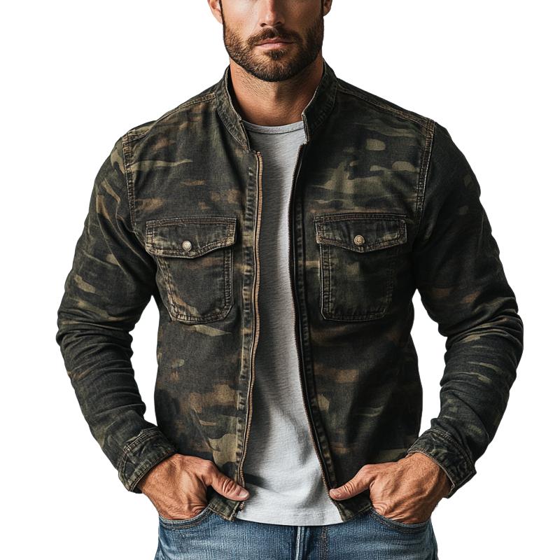 Men's Vintage Washed Camouflage Stand Collar Double Chest Pockets Jacket 9885321461944