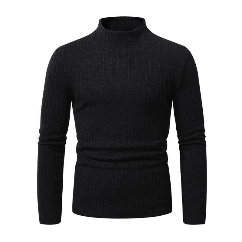 Men's Casual Rib Stripe Half-high Collar Slim Long-sleeved T-shirt 9261144441016