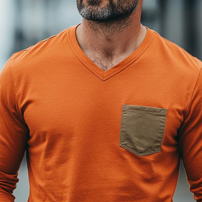 Men's Classic Casual V-Neck Cotton Long Sleeve T-Shirt 9882786693304