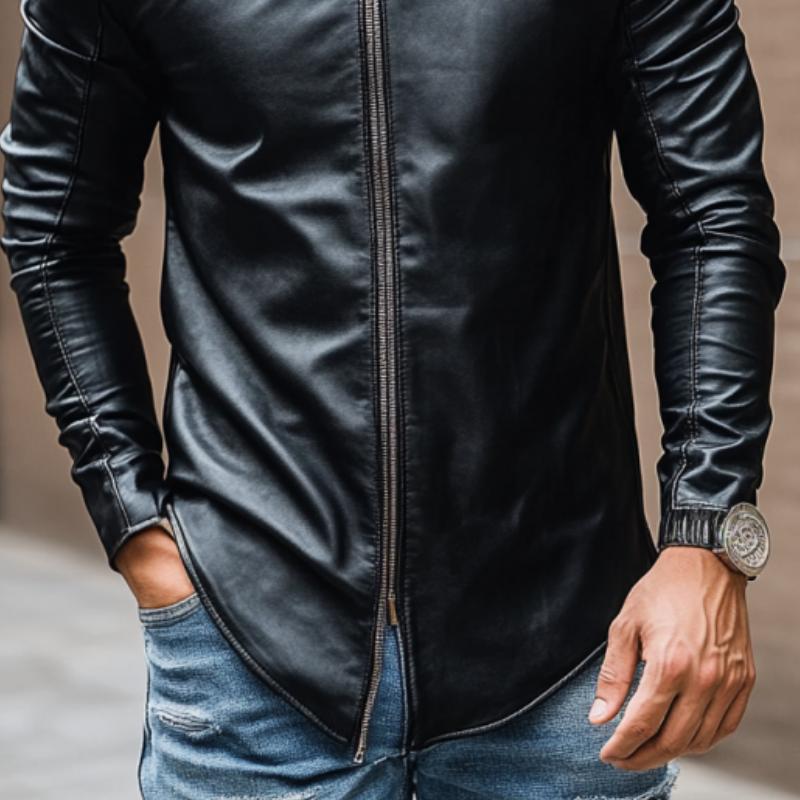 Men's Casual Fashion Round Neck Zipper Slim Leather Long Sleeve T-Shirt 9885322510520