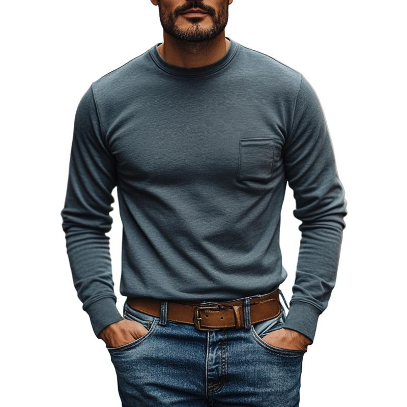 Men's Casual Cotton Blended Round Neck Patch Pocket Slim Fit Long Sleeve T-Shirt 9261141328056