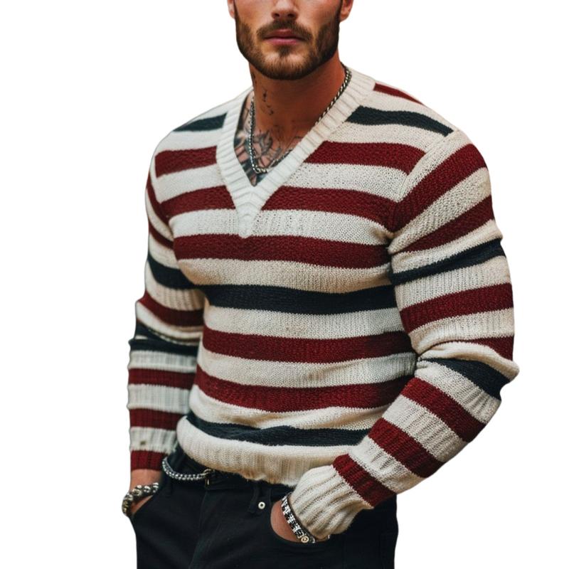 Men's Casual Colorblock Striped Knit V-Neck Slim Fit Sweater 9262182564024