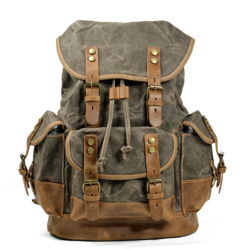 Men's Vintage Outdoor Canvas Stitching Leather Multi-Pocket Backpack 9262190624952