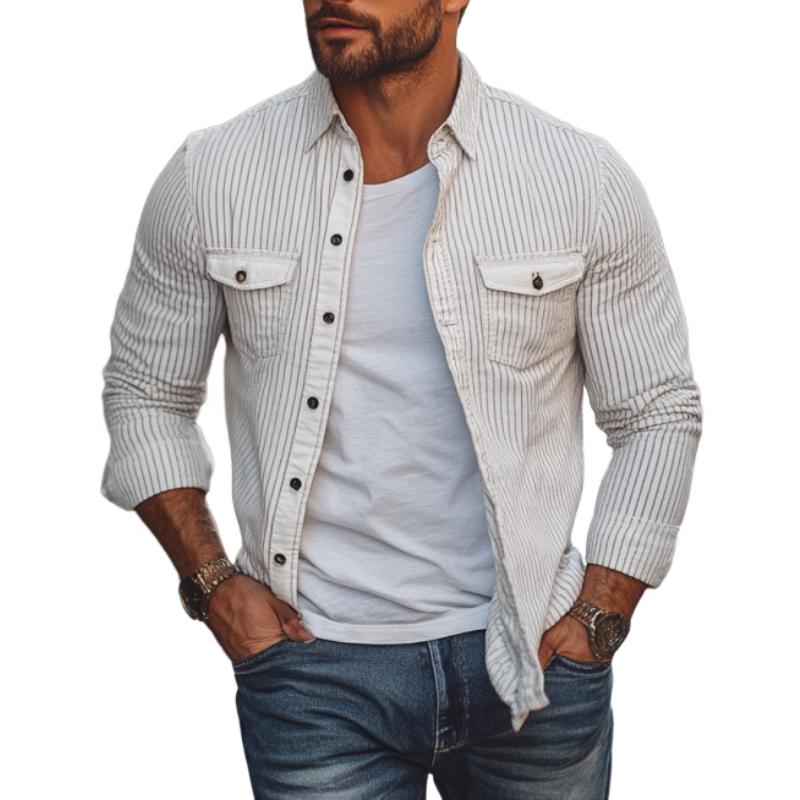 Men's Fashion Striped Lapel Long Sleeve Cargo Shirt 9260833898680