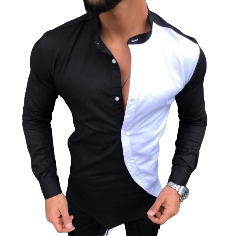 Men's Casual Stand Collar Colorblock Long Sleeve Shirt 9261817823416