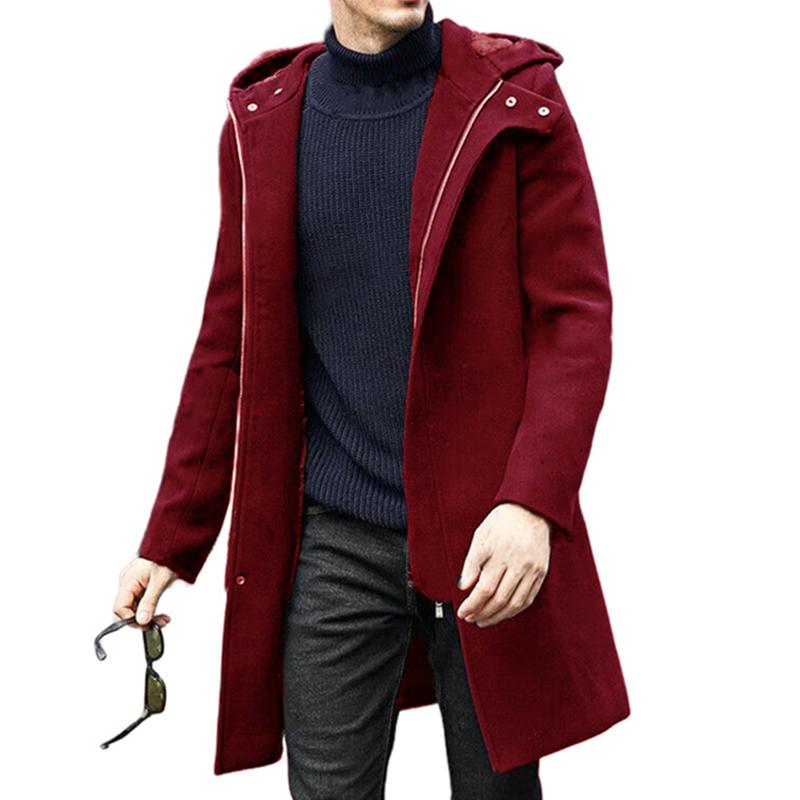 Men's Fashion Solid Color Hooded Zipper Mid-length Coat 9261105086648