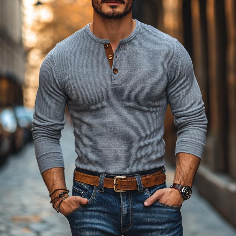 Men's Casual Waffle Henley Neck Slim Fit Long Sleeve T-Shirt 9260832915640