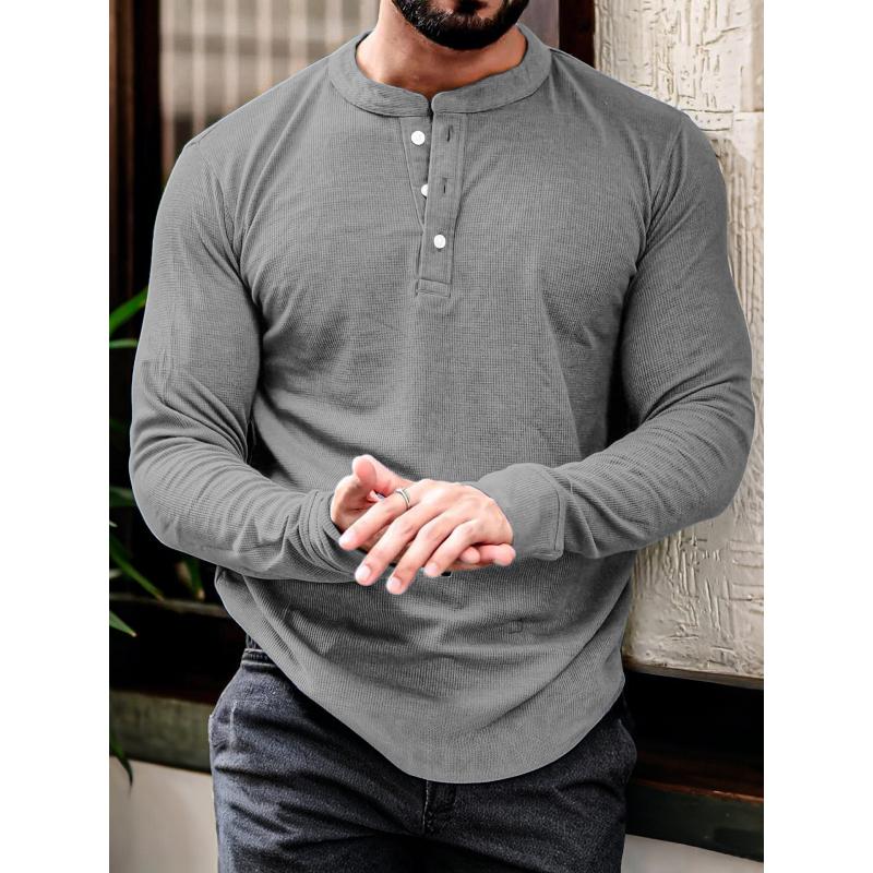 Men's Fashion Waffle Henley Neck Long Sleeve T-Shirt 9890062696632