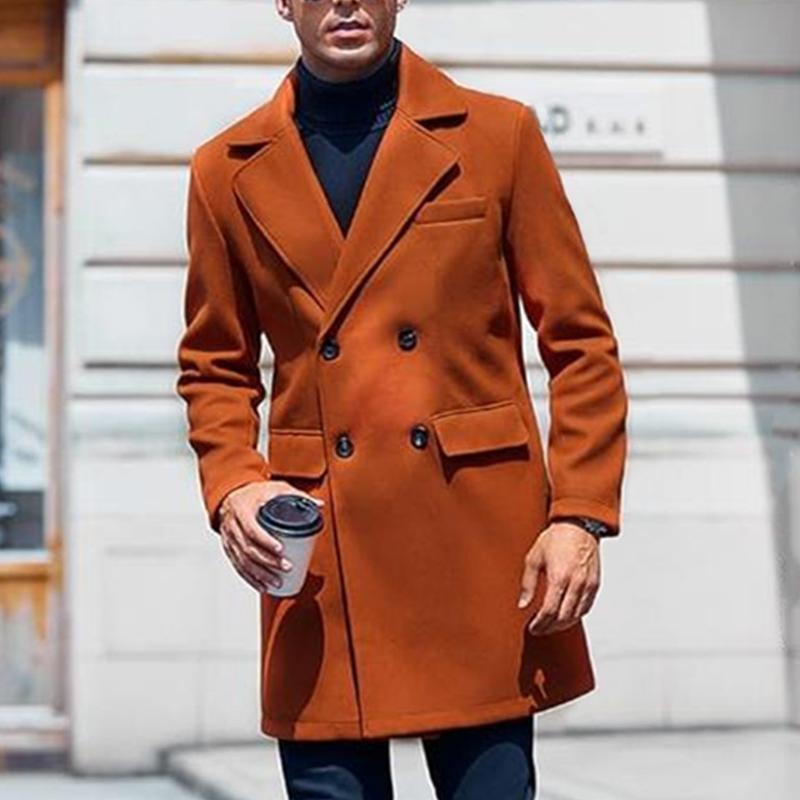 Men's Solid Color Notch Lapel Double Breasted Mid-length Casual Coat 9261104365752