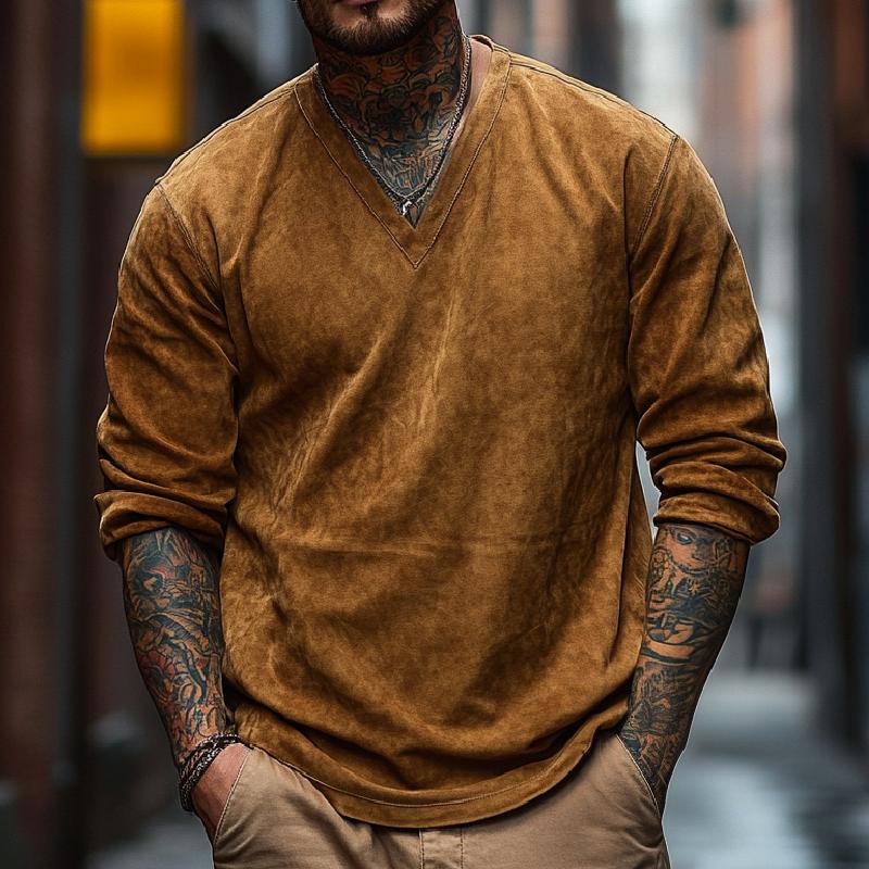 Men's Retro V-neck Long Sleeve Air Layer Suede T-shirt 9873519706296