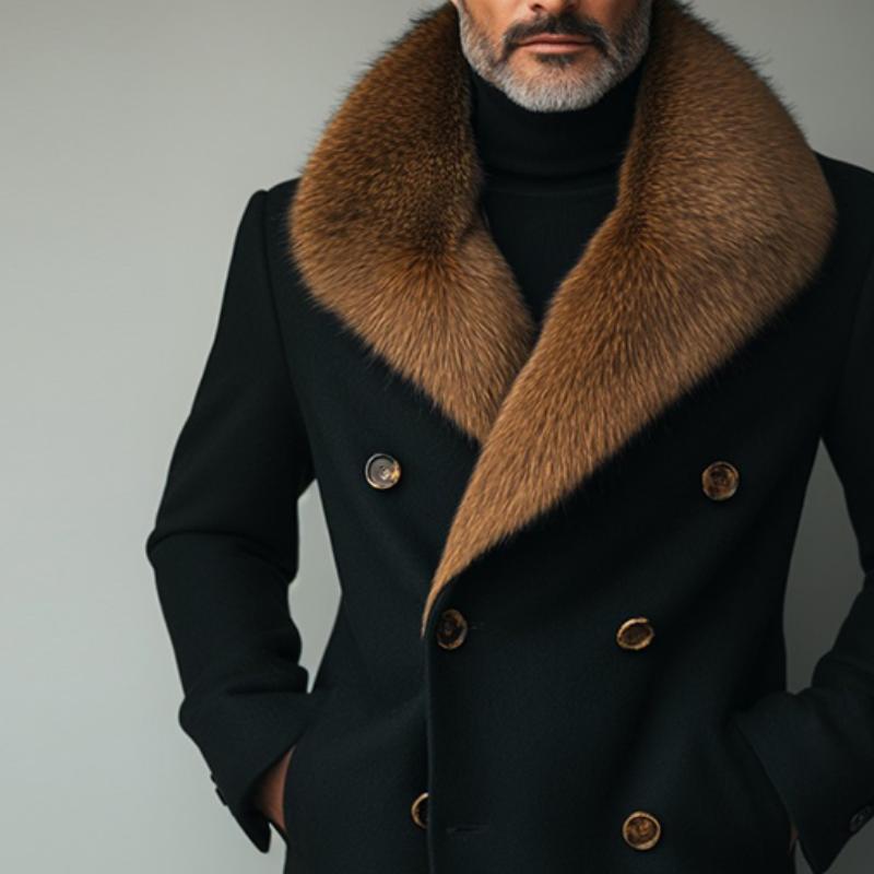 Men's Retro Casual Fur Collar Spliced Tweed Coat 9261103087800