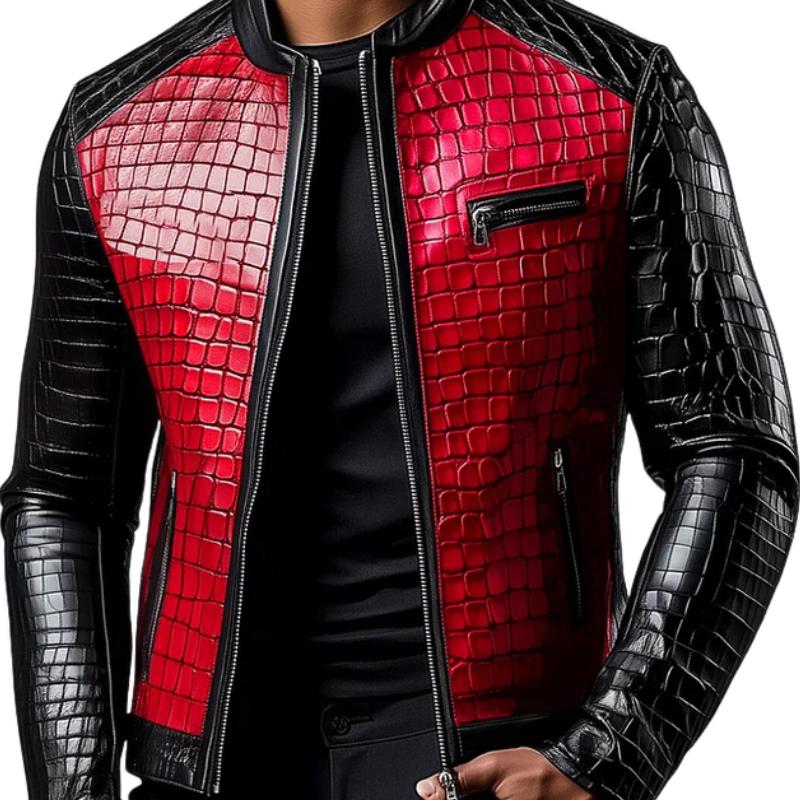 Men's Stylish Stand Collar Zipper Stone Pattern Leather Jacket 9888004997304