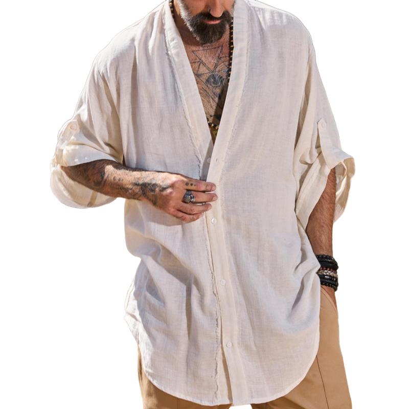 Men's Solid Color Loose V Neck Half Sleeve Shirt 9879142334648