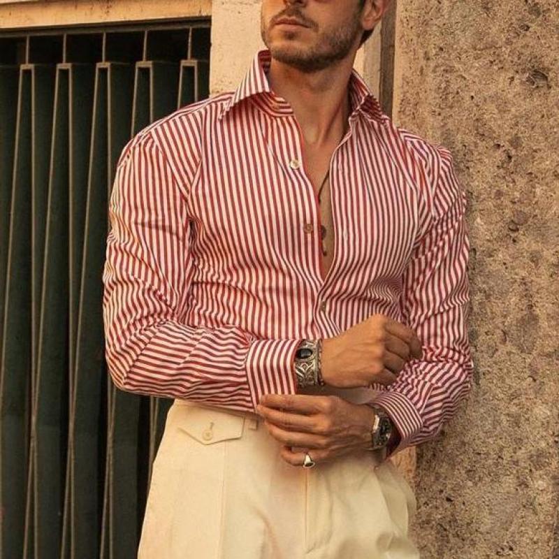 Men's Classic Casual Slim Fit Vertical Striped Long Sleeve Shirt 9273157714104