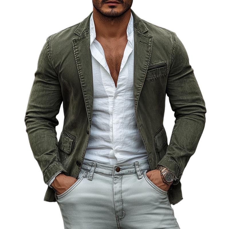 Men's Vintage Cotton Washed Notch Lapel Zipper Chest Pocket Two Buttons Casual Blazer 9877217345720