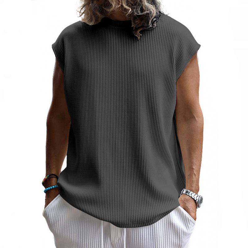 Men's Solid Color Vertical Stripes Round Neck Sleeveless T-shirt 9261144637624