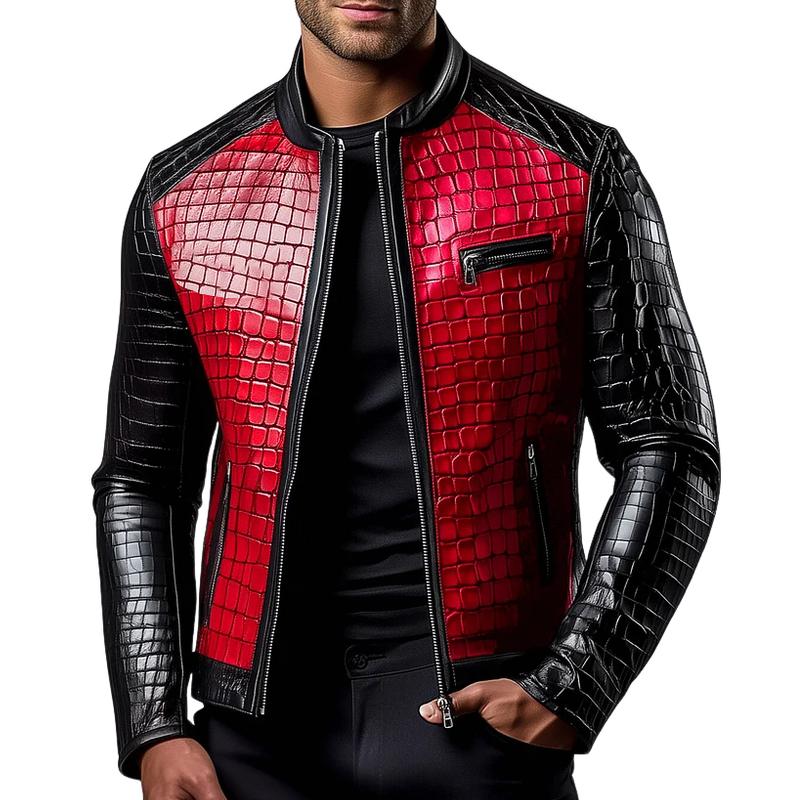 Men's Stylish Stand Collar Zipper Stone Pattern Leather Jacket 9888004997304