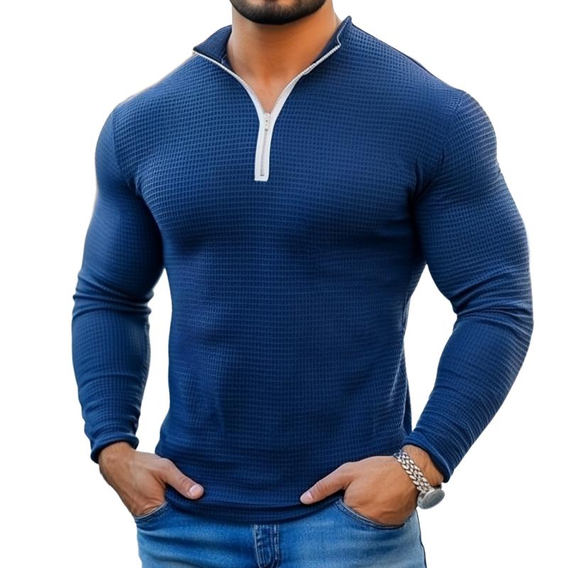 Men's Fashion Waffle Zipper Collar Slim Fit Long Sleeves T-Shirt 9882785743032