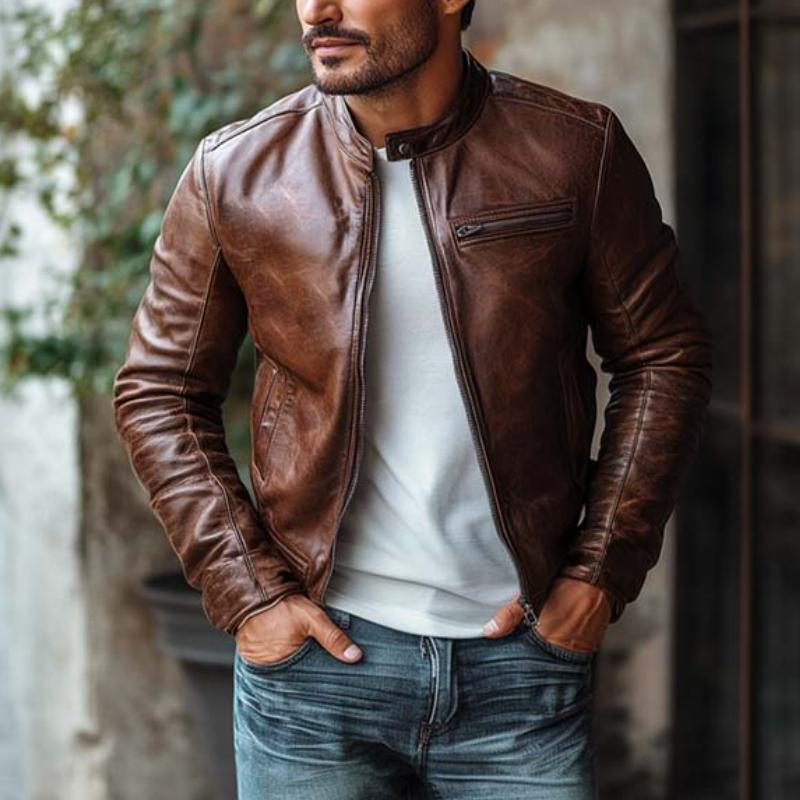 Men's Classic Vintage Slim Stand Collar Leather Jacket 9873139761336