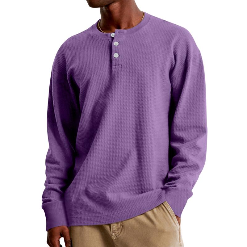 Men's Casual Waffle Henley Collar Loose Long Sleeve T-Shirt 9261135069368