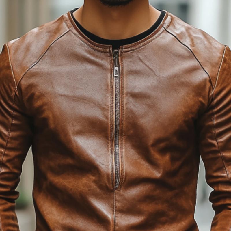 Men's Casual Fashion Round Neck Zipper Slim Leather Long Sleeve T-Shirt 9885322477752