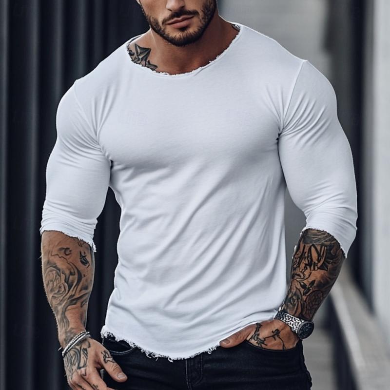 Men's Fashion Raw Edge Round Neck Slim Fit Long Sleeve T-Shirt 9884643590328
