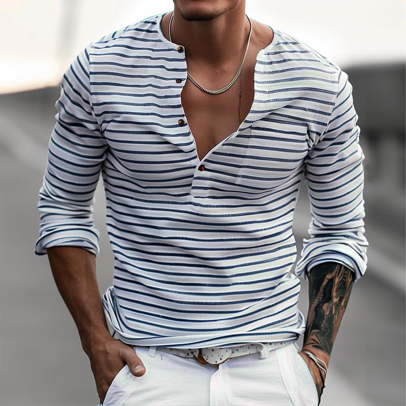 Men's Striped Henley Collar Long Sleeve Casual T-shirt 9261117341880