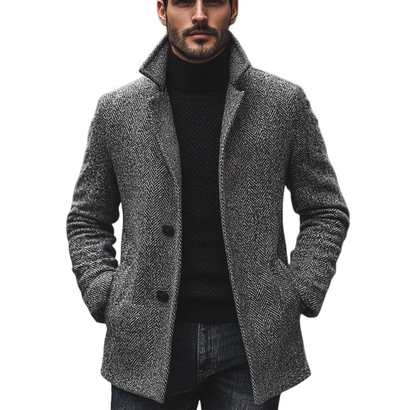 Men's Dark Grey Herringbone Notched Lapel Two Button Mid-Length Coat 9885839622328
