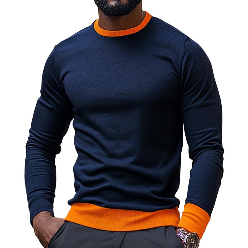 Men's Retro Casual Colorblock Round Neck Long Sleeve T-Shirt 9267507953848