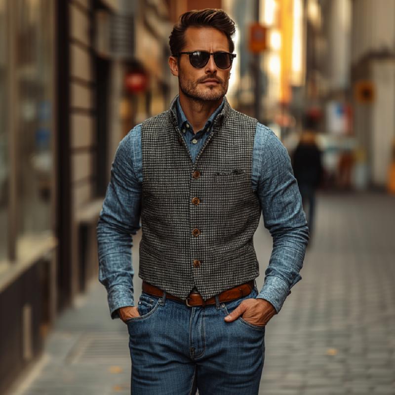 Men's Vintage Stand Collar Houndstooth Single Breasted Slim Vest 9273157484728