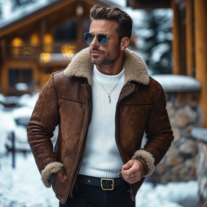 Men's Vintage Leather Lambswool Patchwork Warm Lapel Zipper Coat 9261104791736