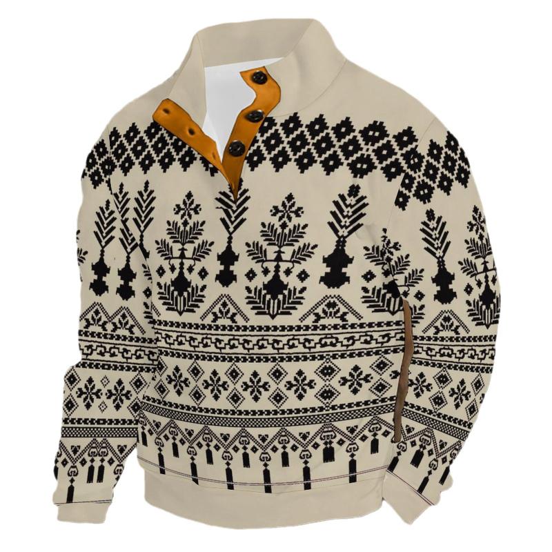 Men's Geometric Festival Print Stand Collar Long Sleeve T-Shirt 9261143982264