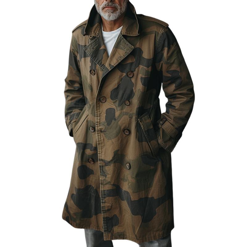 Men's Camouflage Lapel Double Breasted Mid-length Cargo Trench Coat 9261100892344