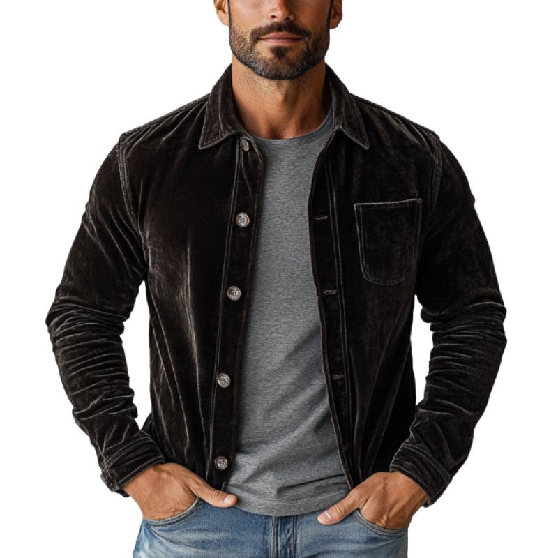Men's Vintage Velvet Chest Pocket Single Breasted Long Sleeve Shirt 9877642739896