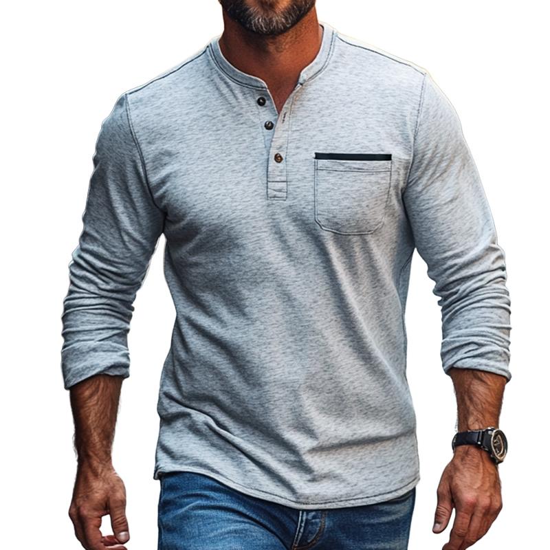 Men's Vintage Casual Pocket Henley Neck Long Sleeve T-Shirt 9877216329912
