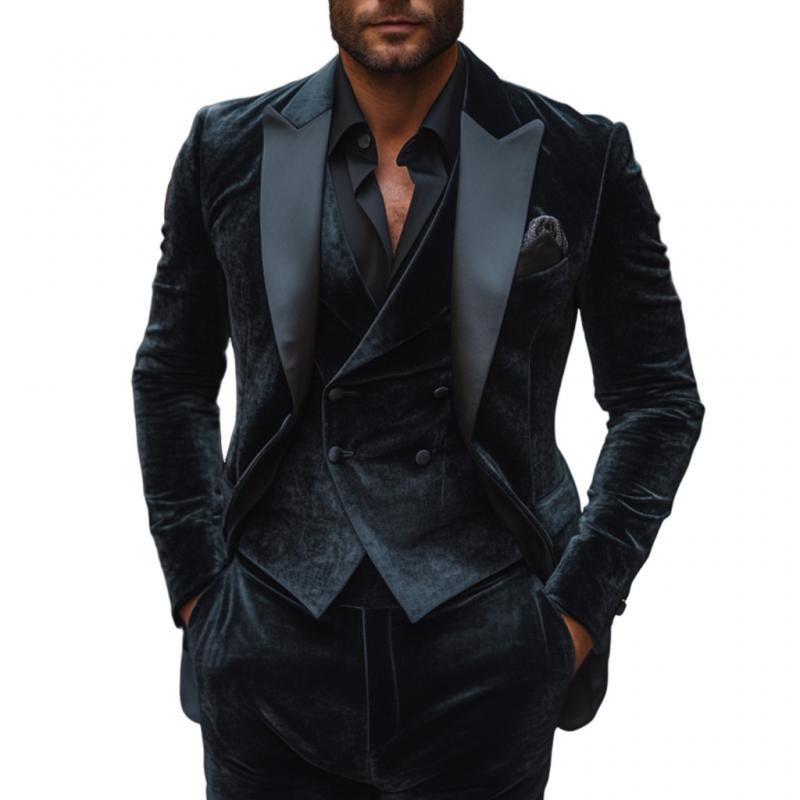 Men's Vintage Velvet Satin Patchwork Peak Lapel Single Breasted Slim Fit Blazer 9873518952632
