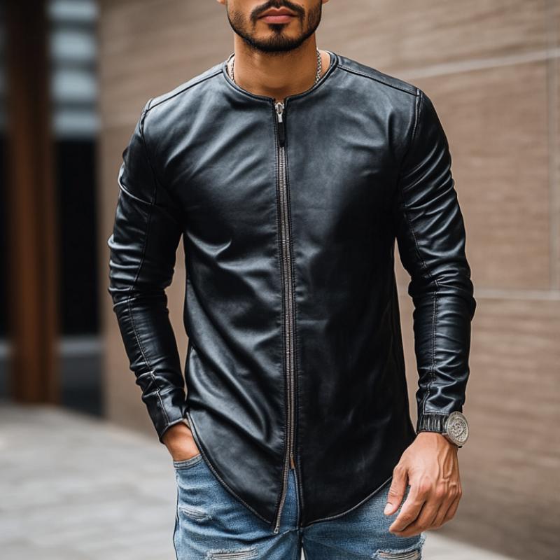 Men's Casual Fashion Round Neck Zipper Slim Leather Long Sleeve T-Shirt 9885322510520