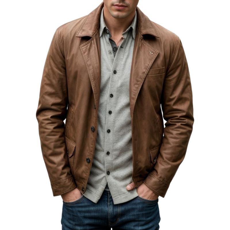 Men's Vintage Leather Notched Lapel Single Breasted Loose Fit Blazer 9884641722552
