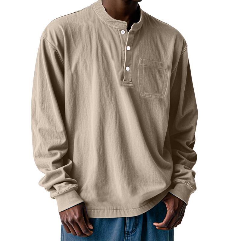 Men's Solid Loose Henley Collar Long Sleeve Casual T-shirt 9274152321208