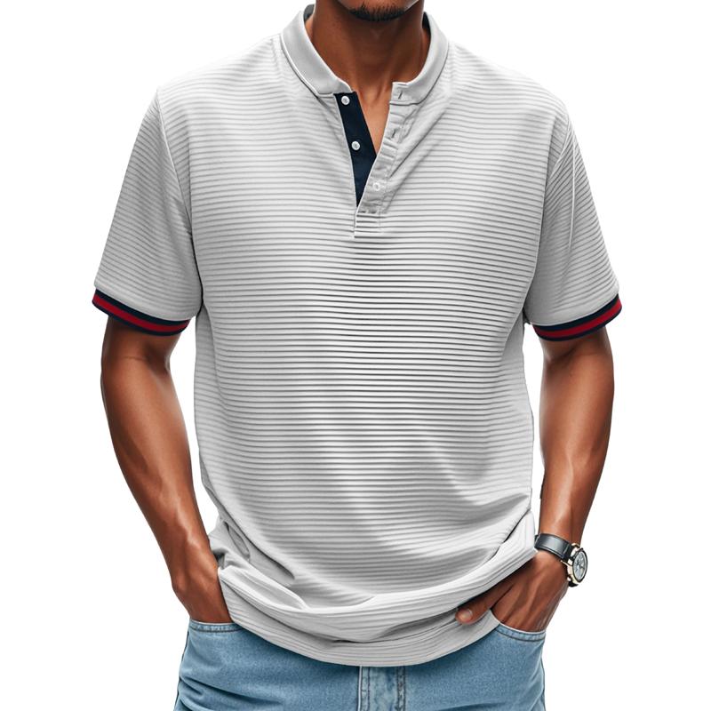Men's Solid Color Striped Henley Collar Short Sleeve T-shirt 9873520099512