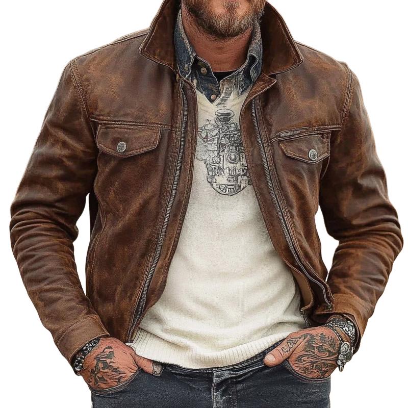 Men's Vintage Stand Collar Zipper Leather Jacket 9261097320632