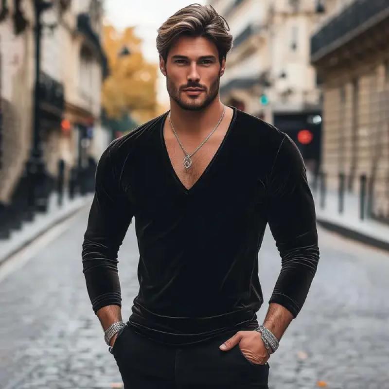 Men's Fashion Velvet V Neck Slim Fit Long Sleeve T-Shirt 9883356364984