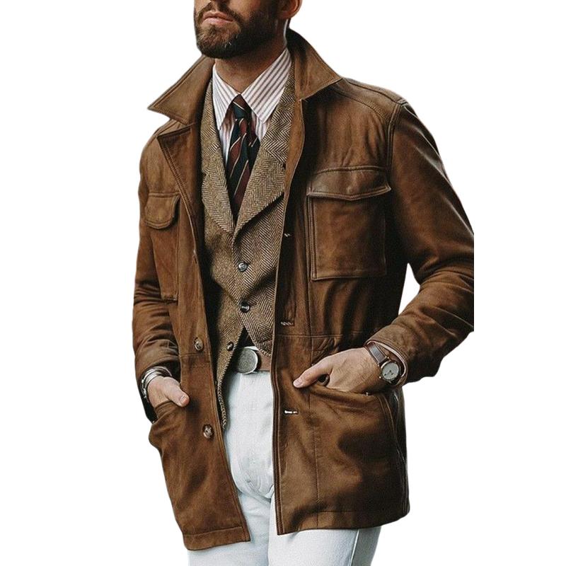 Men's Vintage Suede Lapel Multi-Pocket Slim Fit Safari Jacket 9880239702200