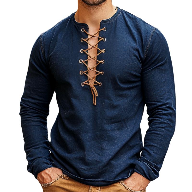 Men's Retro Casual Solid Color Lace-up Long Sleeve T-shirt 9877216460984