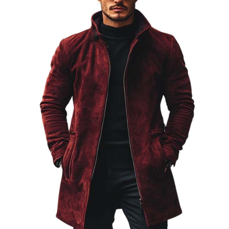 Men's Vintage Classic Stand Collar Thigh-Length Pocket Zipper Suede Coat 9261109739704