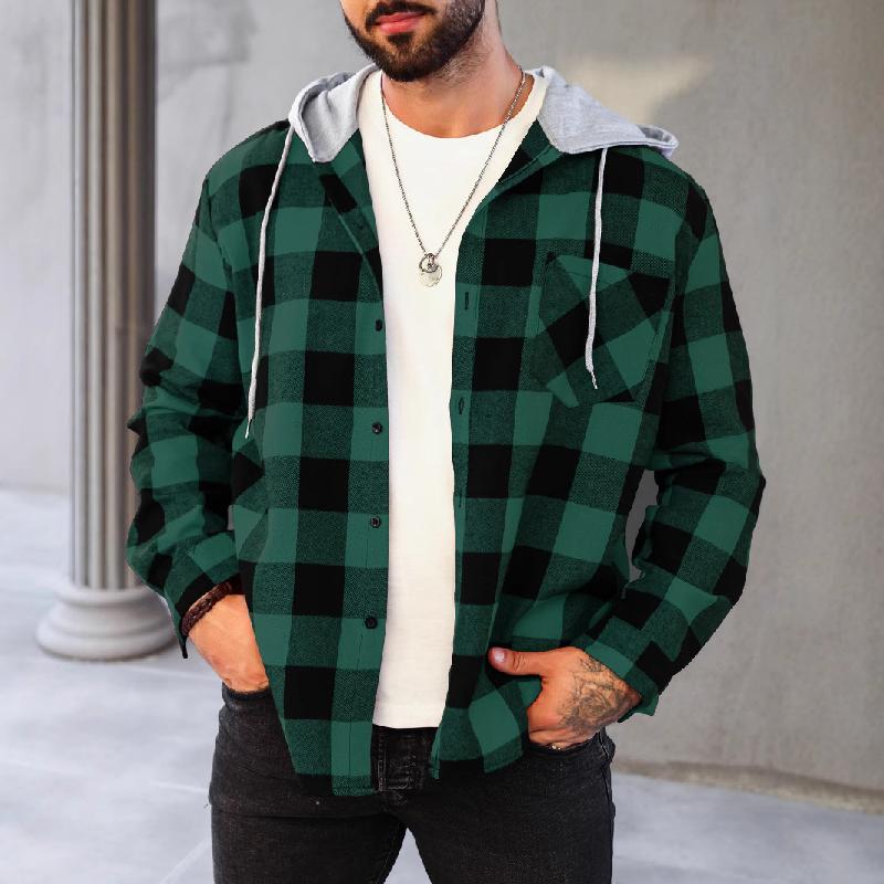 Men's Casual Plaid Long Sleeve Hoodie Jacket 9271921246392