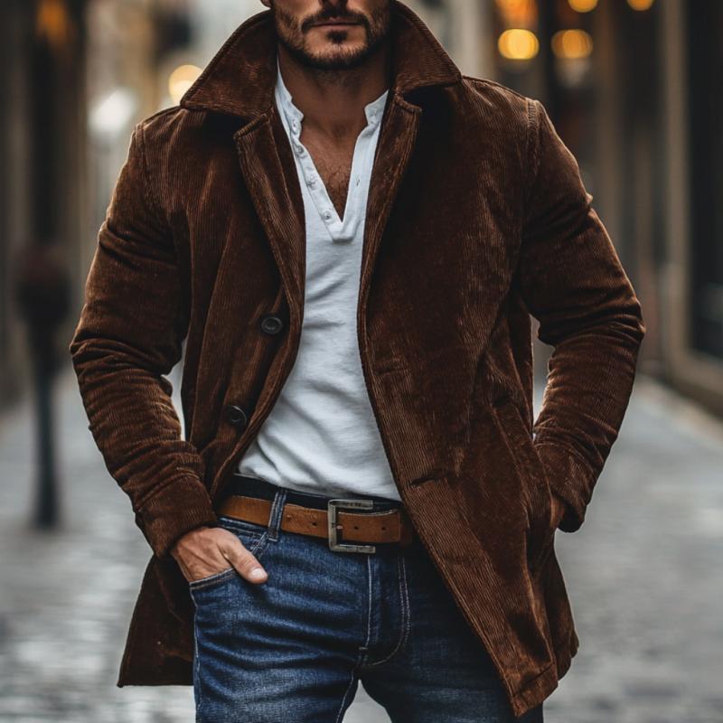 Men's Vintage Corduroy Lapel Single Breasted Mid-Length Coat 9274151698616